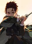  1boy earrings highres holding holding_sword holding_weapon japanese_clothes jewelry kamado_tanjirou katana kimetsu_no_yaiba kimono male_focus mossi red_eyes red_hair scabbard scar sheath solo sword torn_clothes weapon 