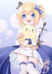  1girl :d aiguillette animal animal_hug azur_lane bangs bird blonde_hair blue_background blue_capelet blue_eyes blue_ribbon blush bow buttons capelet chick coat_dress commentary_request cowboy_shot dress eyebrows_visible_through_hair gold_trim hair_between_eyes hair_bow hair_ornament highres hug knees_together_feet_apart little_renown_(azur_lane) long_sleeves looking_at_viewer manjuu_(azur_lane) one_side_up open_mouth origami_aya ribbon short_hair sidelocks signature smile solo_focus standing sword sword_behind_back thighhighs upper_teeth weapon white_dress white_legwear zettai_ryouiki 