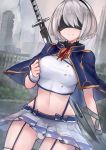  1girl absurdres blindfold breasts capelet cosplay cowboy_shot crop_top facing_viewer garter_straps gold_trim highres large_breasts midriff miniskirt mole mole_under_mouth navel neonbeat nier_(series) nier_automata outdoors panties pantyshot pleated_skirt rokudenashi_majutsu_koushi_to_akashic_record shirt short_hair silver_hair skirt smile solo stomach sword thighhighs thighs underwear uniform virtuous_contract weapon weapon_on_back white_legwear white_panties white_shirt white_skirt wrist_cuffs yorha_no._2_type_b 