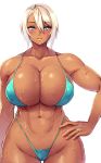  1girl abs ahoge arm_at_side artist_name banned_artist bikini blue_bikini blue_eyes blush borrowed_character breasts cleavage collarbone commentary_request covered_nipples curvy dark-skinned_girl_(23) dark_skin eyebrows_visible_through_hair hair_between_eyes highleg highleg_bikini highres huge_breasts jewelry junkpuyo lips looking_at_viewer muscle muscular_female navel original ring short_hair silver_hair simple_background solo spaghetti_strap standing strap_gap sweat sweating_profusely swimsuit thick_thighs thigh_gap thighs wedding_band white_background 