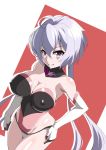  1girl ahoge breasts cleavage elbow_gloves gloves highleg highleg_leotard highres impossible_clothes impossible_leotard koyasu_kazu large_breasts lavender_hair leotard long_hair looking_at_viewer low_twintails parted_lips purple_eyes scrunchie senki_zesshou_symphogear shiny shiny_hair shiny_skin skin_tight smile standing teeth thighhighs twintails white_legwear yukine_chris 