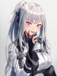  1girl ak-12_(girls_frontline) bangs braid commentary french_braid girls_frontline gloves gradient gradient_background grey_background hair_ribbon high_ponytail long_hair open_mouth partly_fingerless_gloves pouch purple_eyes ribbon sidelocks silence_girl silver_hair symbol-shaped_pupils tactical_clothes tongue tongue_out 