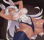  1girl animal_ears armpits arms_up bangs blue_legwear blush boku_no_hero_academia breasts bunny_ears bunny_tail cameltoe commentary covered_navel covered_nipples dark_skin dutch_angle english_commentary gloves grin jtveemo large_breasts leotard long_hair parted_bangs red_eyes smile solo sweat tail thighhighs usagiyama_rumi white_gloves 