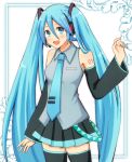  1girl :d absurdly_long_hair bangs black_footwear black_skirt black_sleeves blue_eyes blue_hair blue_nails blue_neckwear blush boots collared_shirt cowboy_shot detached_sleeves dress_shirt eyebrows_visible_through_hair floating_hair grey_shirt hair_between_eyes hatsune_miku headphones headset koroni_(nkrgs) long_hair long_sleeves looking_at_viewer microphone miniskirt nail_polish necktie open_mouth pleated_skirt shiny shiny_hair shirt skirt sleeveless sleeveless_shirt smile solo standing thigh_boots thighhighs twintails very_long_hair vocaloid white_background wing_collar zettai_ryouiki 