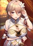 breasts cleavage commentary earrings ekusufeito flower hair_flower hair_ornament honkai_(series) honkai_impact_3rd jewelry large_breasts lips mole mole_under_eye navel navel_cutout necklace red_eyes rita_rossweisse rita_rossweisse_(maid_of_celestia) short_hair shoulder_cutout smile 