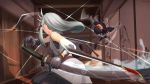  2girls commentary_request gloves glowing highres indoors katana kis_sako long_hair motion_blur mouth_hold multiple_girls ninja original red_eyes short_sword silver_hair sleeveless sword tantou weapon 