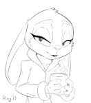  2019 anthro buckteeth cheek_tuft clothed clothing disney ears_down facial_tuft fur head_tuft hi_res holding_cup holding_object judy_hopps lagomorph leporid mammal monochrome pivoted_ears qrog rabbit simple_background smile solo teeth tuft white_background zootopia 