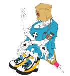  1boy bag boby_oreon collarbone faust_(guilty_gear) flat_color gloves guilty_gear guilty_gear_strive highres liquid male_focus paper_bag red_eyes shoes simple_background sitting sneakers solo syringe white_background white_gloves 