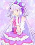  1girl bangs blunt_bangs bow cowboy_shot cure_amour dress gloves hair_bow highres hugtto!_precure koroni_(nkrgs) layered_dress long_hair looking_at_viewer pink_neckwear precure purple_bow purple_dress purple_eyes purple_hair shiny shiny_hair shoulder_cutout solo standing very_long_hair white_gloves 