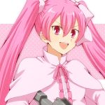  1girl :d akame_ga_kill! bow capelet eyebrows_visible_through_hair floating_hair hair_between_eyes hair_bow koroni_(nkrgs) long_hair looking_at_viewer mine_(akame_ga_kill!) neck_ribbon open_mouth pink_bow pink_eyes pink_hair pink_ribbon ribbon shiny shiny_hair smile solo twintails upper_body v-shaped_eyebrows very_long_hair white_capelet 