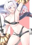  1girl ;d arm_up armlet armpits ass_visible_through_thighs azur_lane bangs bare_shoulders black_bra black_hairband black_shorts blush boots bra breasts cheerleader cleavage collarbone commentary_request cowboy_shot eyebrows_visible_through_hair flag grey_hair gudon_(iukhzl) hair_between_eyes hairband high_heel_boots high_heels highres holding_pom_poms knee_boots large_breasts looking_at_viewer micro_shorts midriff navel no_pants no_shirt one_eye_closed open_mouth panties_under_shorts parted_hair pom_poms purple_eyes red_background reno_(azur_lane) reno_(biggest_little_cheerleader)_(azur_lane) short_hair shorts sidelocks simple_background smile solo standing standing_on_one_leg thigh_cutout two-tone_background underboob underwear white_background white_footwear wristband 