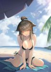  1girl absurdres ahoge animal_ears arknights bare_arms bare_shoulders beach beach_mat beach_umbrella bikini black_bikini breasts brown_hair cleavage cloud collarbone cutter_(arknights) earrings floppy_ears food fox_ears hair_ornament hairclip highres jewelry jiusan_naitan large_breasts lens_flare looking_at_viewer mouth_hold multicolored_hair navel outdoors palm_leaf popsicle red_eyes short_hair side-tie_bikini sitting sky solo stomach streaked_hair string_bikini sunlight swimsuit thigh_strap umbrella wariza water wet x_hair_ornament 