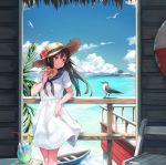  1girl absurdres bangs bird blue_sky boat brown_eyes brown_hair buoy cloud coaster commentary_request dress drinking_straw eating flower food food_on_face glass hamburger hat hat_flower highres holding holding_food ice ice_cube island leaning_back leaning_on_rail lime_slice long_hair maki_(maki_pei) ocean original palm_tree sailor_collar sky straw_hat summer sun_hat sundress tree watercraft white_dress wooden_chair wooden_railing 