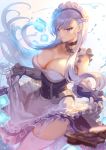  1girl azur_lane bangs bare_shoulders belfast_(azur_lane) belfast_(iridescent_rose)_(azur_lane) blue_dress blue_eyes blush breasts broken broken_chain chain cleavage closed_mouth collar curtsey dress frilled_gloves frills gloves highres large_breasts long_hair looking_at_viewer maid maid_headdress mashuu_(neko_no_oyashiro) silver_hair smile solo thighs 
