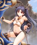  1girl bangs black_hair breasts crown detached_sleeves earrings fate/grand_order fate_(series) heavenly_boat_maanna hoop_earrings ishtar_(fate)_(all) ishtar_(fate/grand_order) jewelry long_hair looking_at_viewer meihemu midriff navel neck_ring parted_bangs red_eyes single_detached_sleeve single_sleeve single_thighhigh small_breasts smile solo thighhighs two_side_up 