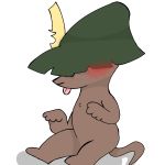  ambiguous_gender anthro blush brown_body brown_fur clothing fur hat hat_feather hat_only headgear headwear kangaroo loose_feather macropod mammal marsupial mostly_nude punchy sitting sniff_(moomin) solo 
