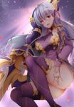  1girl armlet armor ass backlighting bangs bikini_armor blush bracelet breasts collar detached_sleeves dress earrings fate/grand_order fate_(series) floral_print hair_ribbon highres jewelry kama_(fate/grand_order) large_breasts long_hair looking_at_viewer metal_collar open_mouth pelvic_curtain petals purple_dress purple_legwear purple_sleeves red_eyes ribbon ring sezoku sideboob silver_hair smile solo thighhighs thighlet thighs vajra 