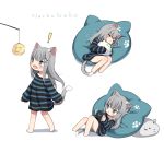  +_+ 1girl :3 =_= amashiro_natsuki animal_ears barefoot blue_eyes blush_stickers bread cat_ears cat_girl cat_hair_ornament cat_pillow cat_tail character_name closed_eyes closed_mouth commentary_request fang food grey_hair hair_ornament hairclip highres holding long_hair long_sleeves lying melon_bread multiple_views nacho_(amashiro_natsuki) nintendo_switch off_shoulder on_side open_mouth original oversized_clothes oversized_shirt pillow pillow_hug shirt sleeping sleeves_past_wrists standing striped striped_shirt tail 