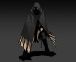 1boy absurdres belt black_cloak black_legwear boots chain cloak dual_wielding gogalking gradient gradient_background highres holding holding_sickle holding_weapon hood hood_up male_focus mask original pouch shadow sickle standing weapon 