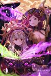 animal artist_name bangs bird black_dress black_sleeves blunt_bangs book breasts character_request cleavage closed_mouth cloud cloudy_sky commentary covered_collarbone crystal detached_sleeves dragalia_lost dress english_commentary fire_emblem fire_emblem_heroes grey_hair headpiece hentaki highres holding holding_weapon light_smile loki_(fire_emblem) long_hair long_sleeves looking_at_viewer medium_breasts open_book outdoors parted_lips purple_eyes purple_hair purple_headwear red_eyes sky sleeveless sleeveless_dress sleeves_past_wrists veronica_(fire_emblem) very_long_hair watermark weapon web_address 