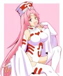  1girl :d ahoge antenna_hair blue_eyes breasts breasts_apart elbow_gloves fingerless_gloves gloves hair_intakes houshin_engi koroni_(nkrgs) large_breasts leotard long_hair looking_at_viewer open_mouth pink_background pink_hair sash shiny shiny_hair sitting smile so_dakki solo thighhighs two-tone_background very_long_hair white_background white_gloves white_legwear white_leotard 