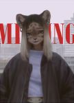  anthro city clothed clothing detailed_background digital_media_(artwork) ear_piercing ear_ring english_text felid female fur hair leopard looking_at_viewer mammal pantherine piercing smile solo standing terry_grimm text 