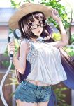  1girl bangs blue_shorts breasts brown_hair denim denim_shorts dousunnen fate/grand_order fate_(series) frills glasses hat highres large_breasts long_hair looking_at_viewer open_mouth osakabe-hime_(fate/grand_order) purple_eyes shirt short_shorts shorts sleeveless sleeveless_shirt solo straw_hat very_long_hair white_shirt 