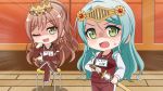  2girls ;3 ;d aqua_hair bang_dream! bangs bitten breasts brown_hair bunny_earrings checkerboard_cookie collarbone collared_jacket commentary_request cookie cowboy_shot crossed_legs crown earrings emphasis_lines eyebrows_visible_through_hair food food_themed_hair_ornament full_body glint green_eyes hair_between_eyes hair_ornament half_updo hand_on_own_chin helmet hikawa_sayo holding holding_food holding_sheath holding_sword holding_weapon imai_lisa indoors jewelry long_hair long_sleeves looking_at_viewer medium_breasts multiple_girls name_tag one_eye_closed open_mouth parody ponytail red_track_suit shaded_face shadow sheath shoes sidelocks sitting smile standing stool style_parody sweatdrop sword track_suit translation_request unsheathing v-shaped_eyebrows wall weapon white_footwear wooden_floor yoshino_yamato 
