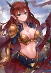  1girl absurdres belt blue_eyes breastplate breasts cleavage cloud collarbone commission faulds green_eyes heterochromia highres horns large_breasts long_hair looking_at_viewer loose_belt midriff navel neonbeat original outdoors pointy_ears red_hair red_ribbon revealing_clothes ribbon shoulder_armor single_spaulder skirt solo stomach upper_body vambraces very_long_hair 