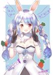  1girl :d absurdres animal_ear_fluff animal_ears bangs bare_shoulders black_gloves black_leotard blue_background blue_hair bow braid breasts bunny_ears carrot_hair_ornament character_name commentary_request double_v dress eyebrows_visible_through_hair food_themed_hair_ornament fur-trimmed_gloves fur_trim gloves hair_bow hair_ornament hands_up highres hololive leotard lunacats medium_breasts multicolored_hair open_mouth red_eyes short_eyebrows smile solo strapless strapless_dress strapless_leotard thick_eyebrows translation_request twin_braids twintails two-tone_background two-tone_hair usada_pekora v virtual_youtuber white_background white_bow white_dress white_hair 