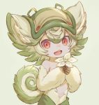  1girl animal_ears choke_(amamarin) curled_tail eyebrows_visible_through_hair flower fur green_background green_hair green_headwear hat highres light_green_hair looking_at_viewer made_in_abyss messy_hair multicolored_hair prushka red_eyes solo tail topless two-tone_hair upper_teeth 