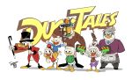  2018 4_fingers accessory anatid anseriform anthro apron avian baseball_cap beak bentina_beakley binoculars bird blue_clothing blue_shirt blue_topwear bottomless cane carrying clothed clothing comickergirl dewey_duck disney dual_wielding duck ducktales ducktales_(2017) eyes_closed eyewear feathers female fingers glasses green_clothing green_shirt green_topwear grey_hair group hair hair_accessory hair_bow hair_ribbon hand_behind_back hands_in_pockets hat headgear headwear hi_res holding_object holding_weapon hoodie huey_duck jacket launchpad_mcquack louie_duck male open_mouth open_smile orange_hair piggyback pince-nez pockets ranged_weapon red_clothing red_shirt red_topwear ribbons scrooge_mcduck shirt signature simple_background smile standing topwear weapon webby_vanderquack white_background white_body white_feathers yellow_beak young 