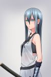  1girl aqua_eyes commentary highres katana kis_sako long_hair original see-through silver_hair simple_background sleeveless solo sword weapon wet wet_clothes wet_hair 