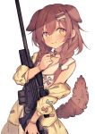  1girl :3 animal_ears blush bone_hair_ornament bone_print braid brown_eyes brown_hair collar commentary_request dog_ears dog_tail eip_(pepai) fang gun highres hololive inugami_korone long_hair multiple_ears off_shoulder rifle simple_background sniper_rifle solo tail twin_braids virtual_youtuber weapon white_background wristband 