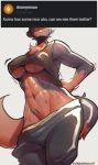  2020 abs anthro ask_blog athletic biceps big_breasts black_body black_fur bodily_fluids breasts brown_body brown_fur canid canine canis chest_tuft clothed clothing crop_top crotch_tuft domestic_dog english_text female fur hi_res kuma_(spikedmauler) legwear mammal multicolored_body multicolored_fur muscular muscular_female navel nipple_outline pubes shirt shirt_pull signature simple_background solo spikedmauler standing steam sweat sweatpants text topwear tuft two_tone_body two_tone_fur under_boob white_background 
