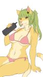  2019 5_fingers absurd_res accessory amesho anthro arm_support bikini bottle breasts claws clothing countershading domestic_cat felid feline felis female fingers fur green_hair hair hair_accessory hairband hi_res holding_object kemono leaning leaning_back long_hair looking_at_viewer mammal multicolored_body multicolored_fur navel neck_tuft nipple_outline pawpads pink_nose pink_pawpads ponytail simple_background sitting solo swimwear tan_body tan_fur tongue tongue_out tuft two_tone_body two_tone_fur whiskers yellow_body yellow_eyes yellow_fur 