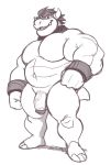  analon_(artist) anthro bowser claws eyebrows genitals horn humanoid_genitalia humanoid_penis koopa male mario_bros monochrome mostly_nude musclegut nintendo open_mouth open_smile pecs penis scalie simple_background smile solo standing teeth toe_claws vein video_games white_background wristband 