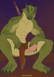  abs absurd_res anthro biceps claws clothed clothing erection fangs finger_claws genitals glans green_body green_claws green_eyes green_scales hi_res lizard loincloth looking_at_viewer male muscular muscular_male pecs penis pink_glans pink_penis reptile scales scalie shiuk sitting solo text toe_claws topless url 