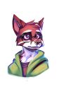  2020 9:16 absurd_res anthro bastion clothed clothing eyewear fur fur_tuft glasses green_clothing green_topwear head_tuft hi_res mammal piercing pink_eyes simple_background solo topwear tuft white_background white_body white_fur 