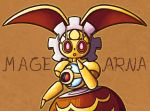  :o brown_background character_name commentary creature english_commentary gen_7_pokemon looking_at_viewer magearna magearna_(original) mattibee mythical_pokemon no_humans pink_eyes pokemon pokemon_(creature) simple_background solo upper_body 