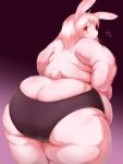  &lt;3 anthro big_butt black_background butt clothed clothing curvy_figure female fur gradient_background hair hands_on_hips hi_res huge_butt kemono lagomorph leporid long_ears looking_at_viewer looking_back mammal monotone_body monotone_fur monotone_hair obese obese_female overweight overweight_female pink_background pink_body pink_fur pink_hair rabbit radiowave rear_view red_eyes simple_background smile solo standing thick_thighs topless underwear voluptuous wide_hips 