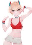  1girl absurdres arm_up armpits bangs blonde_hair bra breasts choker cleavage commentary_request cowboy_shot highres horns looking_at_viewer medium_breasts navel original red_bra short_hair short_shorts shorts simple_background solo sports_bra sportswear underwear white_background white_shorts yuu_(higashi_no_penguin) 