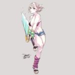  1girl blonde_hair breasts character_request chinese_text cleavage commentary dated denim ejami feet fingerless_gloves gloves huge_weapon jeans large_breasts league_of_legends looking_at_viewer pants short_hair shorts signature simple_background solo swimsuit sword weapon 