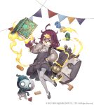  1girl ahoge bag blue_eyes book building_block dorothy_(sinoalice) dress frills full_body glasses grin hair_ornament hairclip ji_no long_hair looking_at_viewer messy_hair nightmare_(sinoalice) official_art over-rim_eyewear pantyhose purple_hair semi-rimless_eyewear shoulder_bag sinoalice smile solo square_enix toy_car white_background younger 