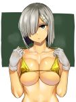  1girl absurdres aima_imoko0327 bare_shoulders bikini bikini_pull blue_eyes breast_press breasts collarbone commentary_request covered_nipples gloves hair_ornament hair_over_one_eye hairclip hamakaze_(kantai_collection) highres kantai_collection large_breasts looking_at_viewer micro_bikini parted_lips pulled_by_self short_hair silver_hair solo sweat swimsuit underboob upper_body white_gloves yellow_bikini 