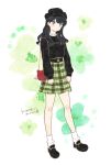  1girl arms_at_sides bag belt black_footwear black_hair black_headwear black_shirt blue_eyes blush casual character_name clothes_writing full_body green_skirt handbag hat higurashi_kagome inuyasha long_hair long_sleeves looking_at_viewer miniskirt motobi_(mtb_umk) plaid plaid_skirt puckered_lips shirt shoes skirt socks solo standing white_background white_legwear 