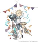  1boy aladdin_(sinoalice) blonde_hair blue_eyes building_block chain full_body gold_chain hair_over_one_eye ji_no looking_at_viewer money necktie nightmare_(sinoalice) official_art oil_lamp plaid plaid_shorts shorts sinoalice solo square_enix string_of_flags sword toy_car vest weapon white_background younger 