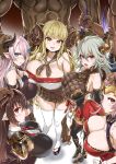  2boys 5girls absurdres aliza_(granblue_fantasy) anila_(granblue_fantasy) antenna_hair asanagi bare_shoulders bikini black_gloves blonde_hair breasts brown_hair circlet cleavage draph forte_(shingeki_no_bahamut) gloves granblue_fantasy hair_over_one_eye height_difference highres horn_grab horn_ornament horns huge_breasts lavender_hair long_hair looking_at_viewer multiple_boys multiple_girls narmaya_(granblue_fantasy) pink_hair pointy_ears sideboob simple_background size_difference skindentation skirt smile swimsuit thalatha_(granblue_fantasy) thick_thighs thighhighs thighs white_background white_bikini white_legwear 