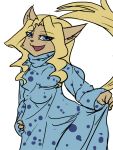  2020 3:4 anthro blonde_hair blue_eyes breasts cheese_quesadilla clothing dress felid female general-irrelevant hair hi_res mammal open_mouth simple_background smile solo white_background 