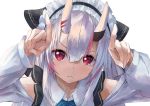  1girl :&lt; blue_neckwear closed_mouth collared_shirt commentary eyebrows_visible_through_hair finger_horns hair_between_eyes hair_ribbon highres hololive horns_pose konkito long_hair looking_at_viewer maid_headdress multicolored_hair nakiri_ayame oni_horns red_eyes red_hair ribbon shirt silver_hair simple_background solo streaked_hair two-tone_hair upper_body virtual_youtuber white_background white_shirt wing_collar 